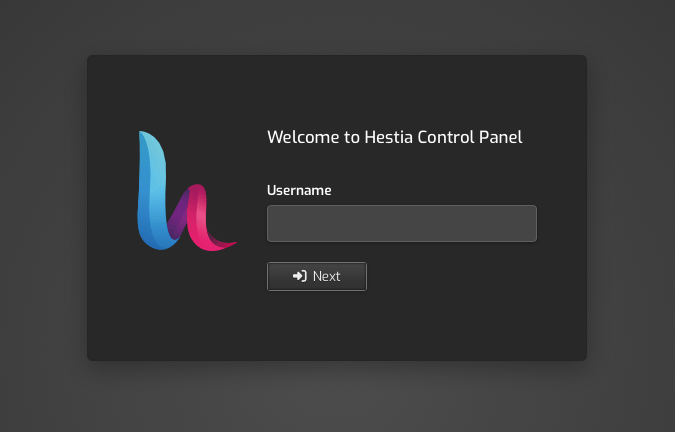 Pantalla de inicio de sesión del panel de control de Hestia que muestra un campo de nombre de usuario y un botón Siguiente.