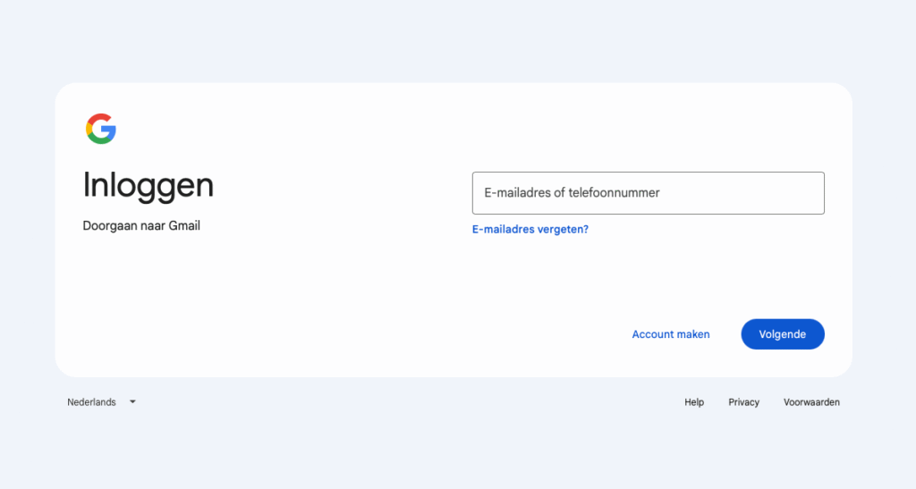 La pantalla de inicio de sesión de Google para Gmail, que muestra un campo de entrada para la dirección de correo electrónico o el número de teléfono.