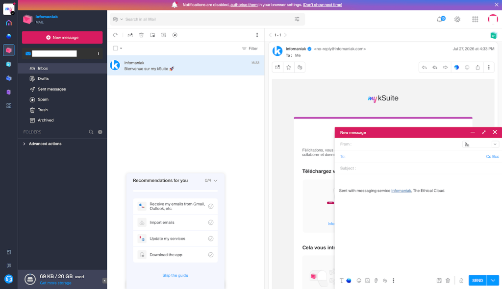Infomaniak Mail: Ein Fenster zum Verfassen von E-Mails, das über dem Posteingang schwebt und Felder für „An“, „Betreff“ und „Nachricht“ enthält.