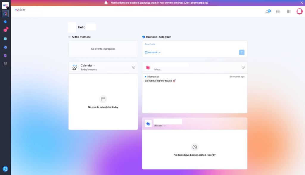 Infomaniak mein kSuite-Dashboard mit Kalender, Posteingangsvorschau und KI-Assistentin Euria auf dem Startbildschirm