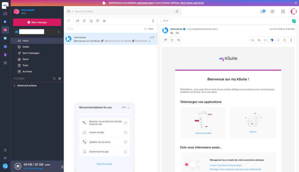 Infomaniak-Mail-Posteingangsoberfläche mit Anzeige der E-Mail-Liste und der Willkommens-E-Mail von Infomaniak im Lesebereich