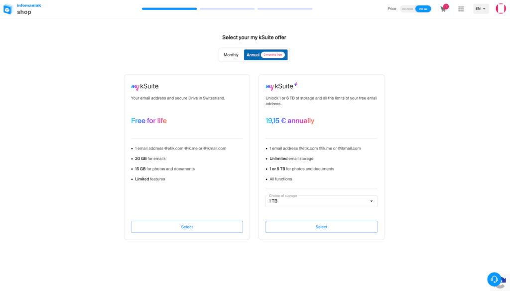Infomaniak – Meine kSuite-Preisseite: Kostenloser Plan vs. kostenpflichtiger kSuite+-Plan für 19,15 Euro jährlich