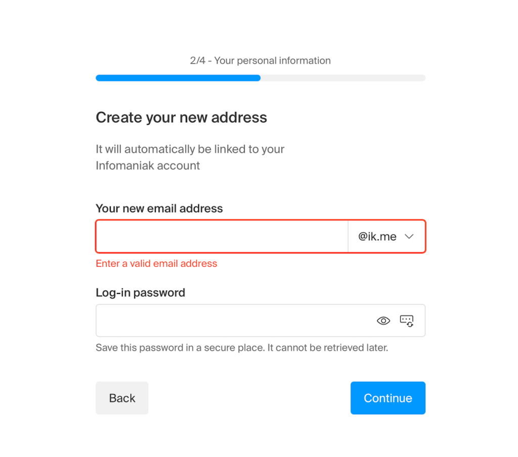 Infomaniak-E-Mail-Registrierungsformular, Schritt 2 von 4: Benutzer erstellen ihre neue E-Mail-Adresse und ihr Passwort.