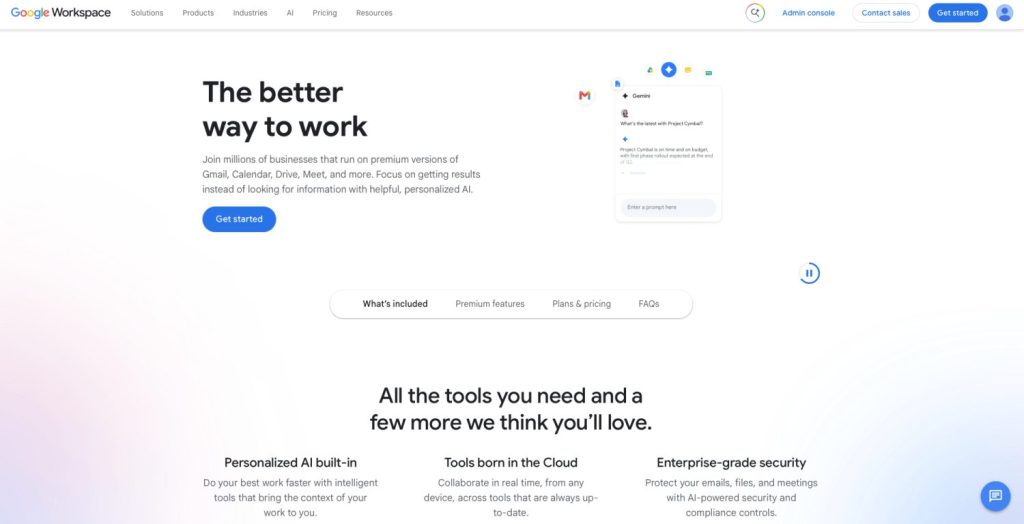 Página de inicio de Google Workspace con el titular "La mejor manera de trabajar" y la interfaz de IA Gemini.