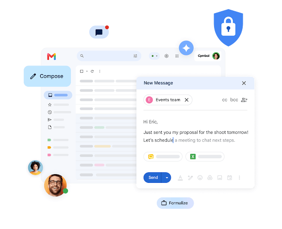 Interfaz de Gmail que muestra la ventana de redacción con la función Formalizar impulsada por IA y una insignia de seguridad de nivel empresarial.