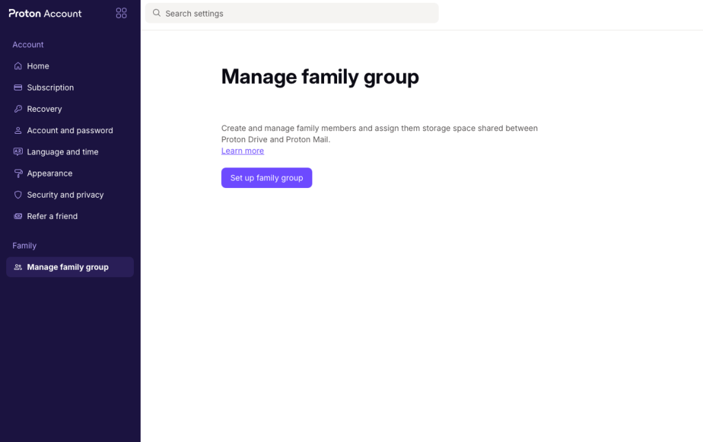 Pagina di gestione del gruppo familiare di Proton con il pulsante "Configura gruppo familiare" visibile