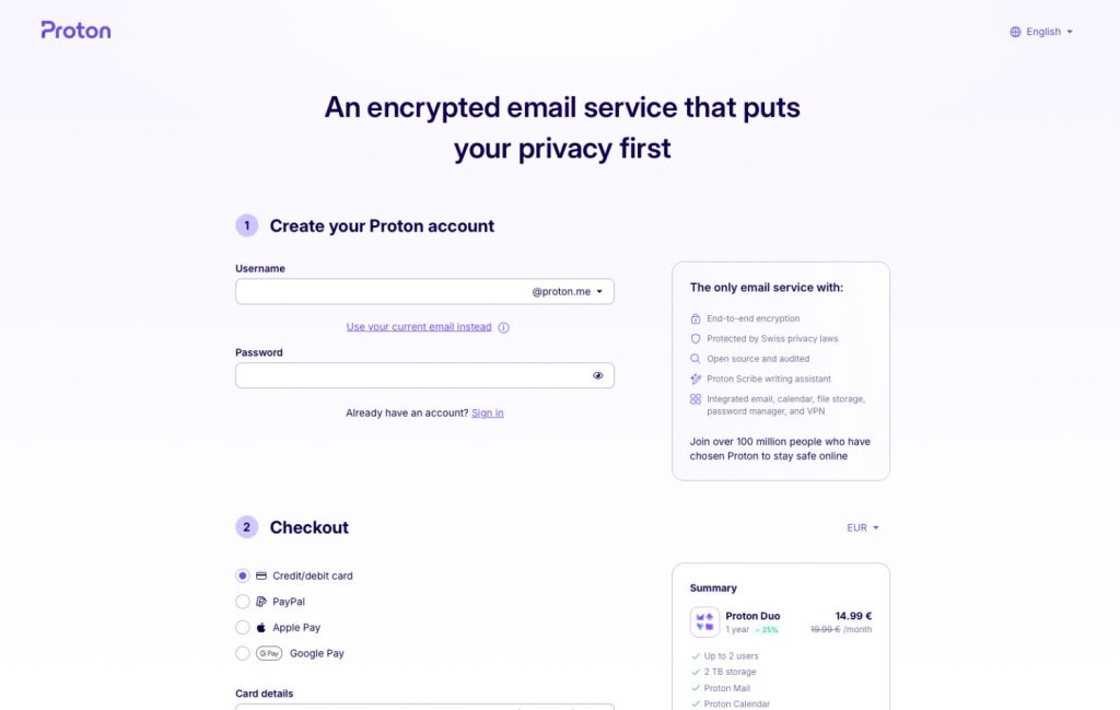 Pagina di registrazione di Proton Duo che mostra la creazione dell'account e le opzioni di pagamento, tra cui PayPal e carta di credito.