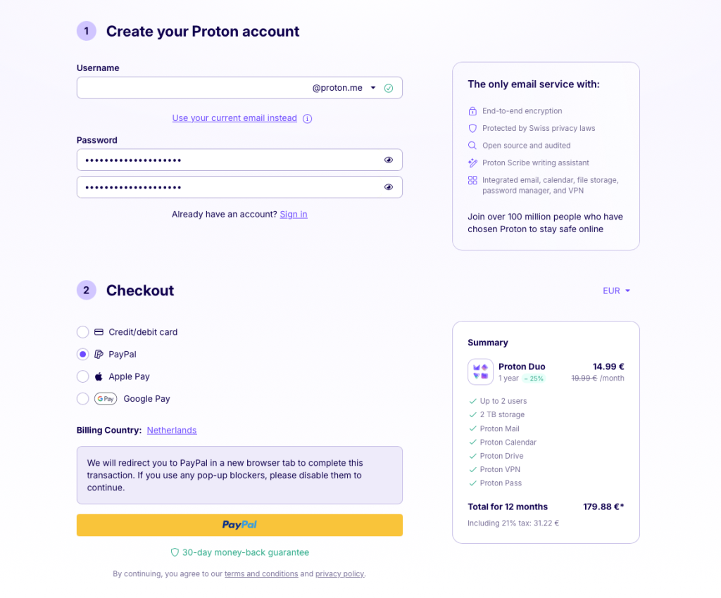 Pagina di pagamento di Proton Duo con PayPal selezionato e riepilogo dell'ordine che mostra 14,99 euro al mese