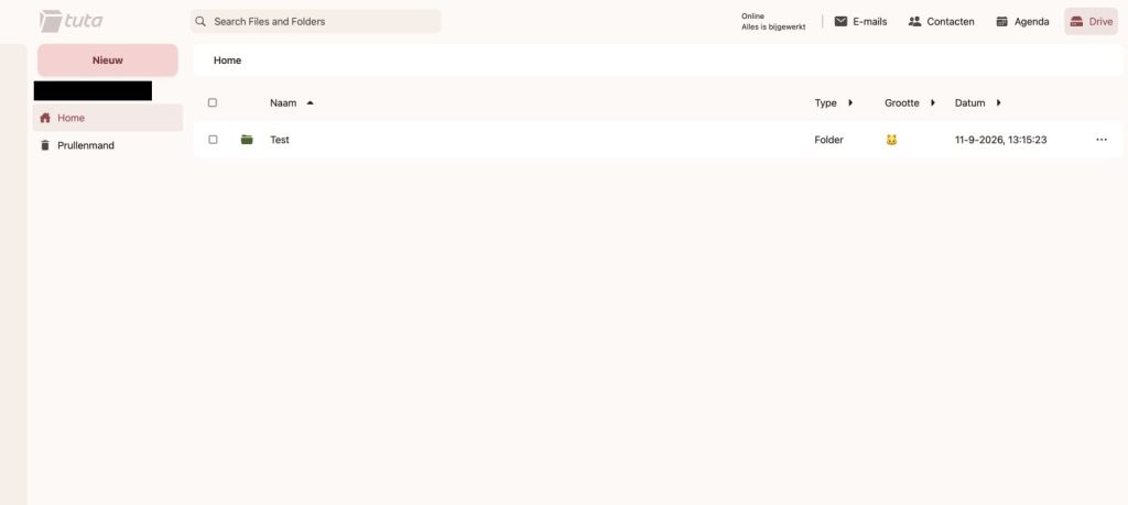 Tuta Drive folder view showing the Test folder listed with type, size, and date columns in the Home directory