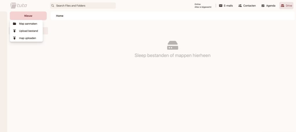 Tuta Drive 'New' button dropdown menu showing options to create a folder, upload a file, or upload a folder