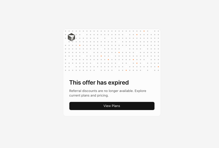 Cursor referral program expired screen showing 'This offer has expired' message and a View Plans button