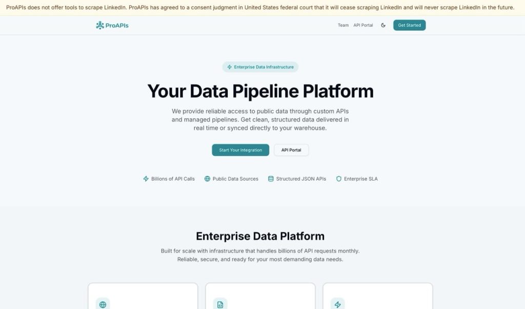 ProAPIs homepage showing their data pipeline platform with enterprise SLA features and a banner stating they agreed to cease scraping LinkedIn per a US federal court judgment