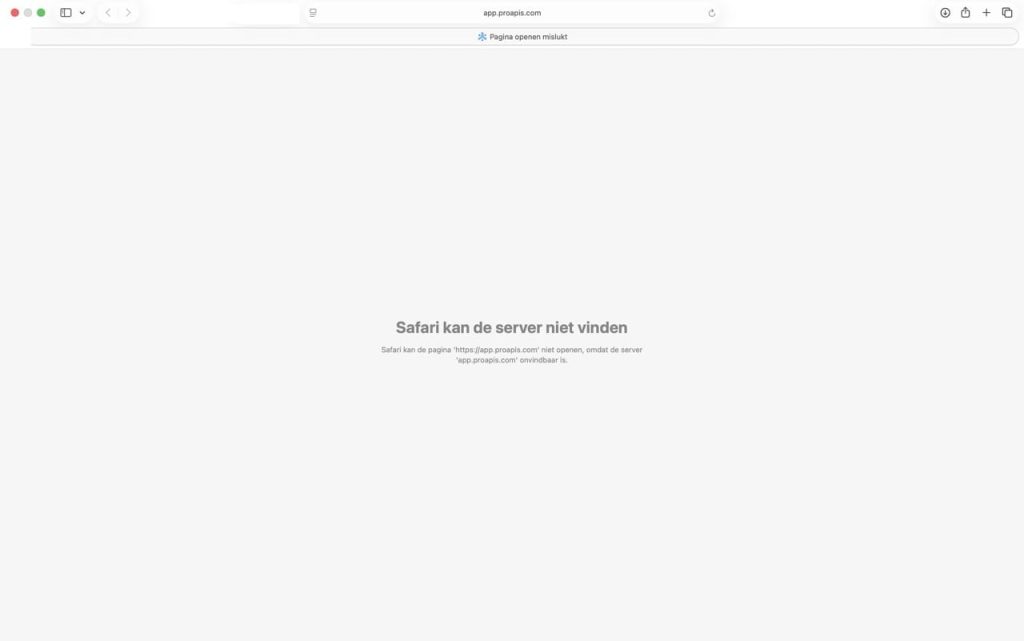 Safari browser showing a 'cannot find the server' error when trying to access app.proapis.com, indicating the ProAPIs app portal is completely offline