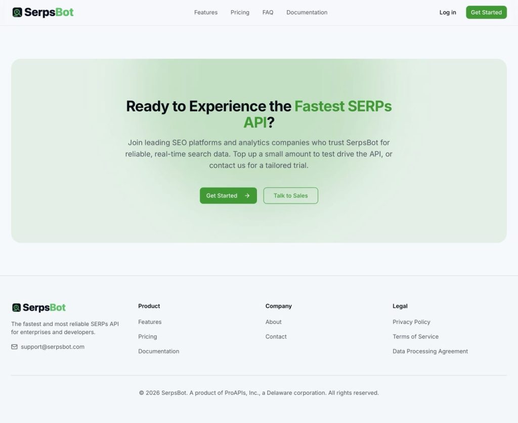SerpsBot homepage showing it as a product of ProAPIs Inc., a Delaware corporation — marketed as the fastest SERPs API for enterprises and developers